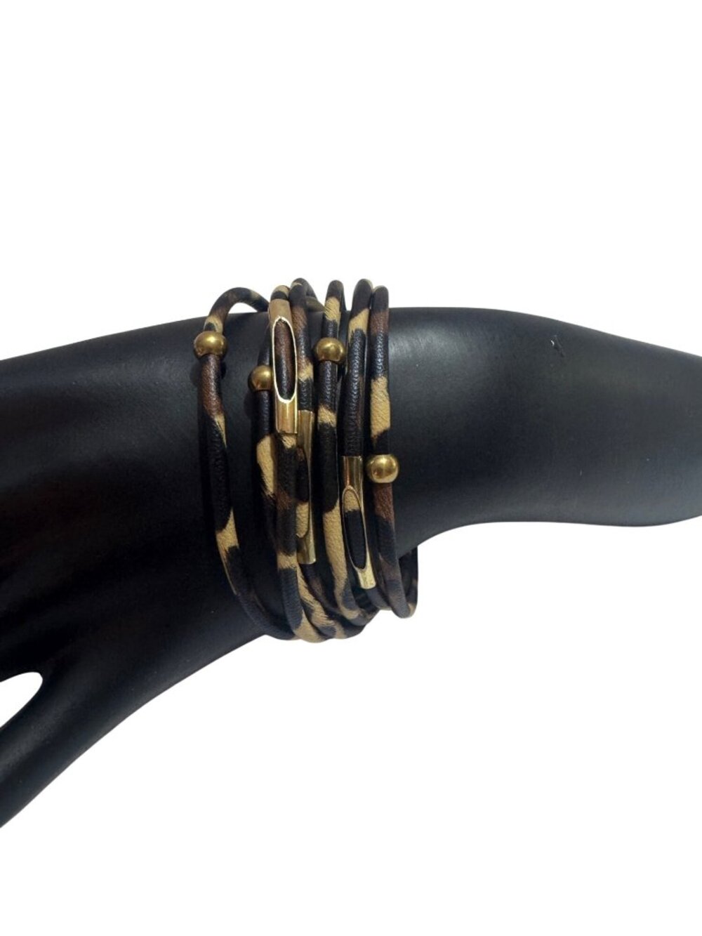 Leopard Print Leather Wrap Bracelet With Gold Accents Magnetic Clasp